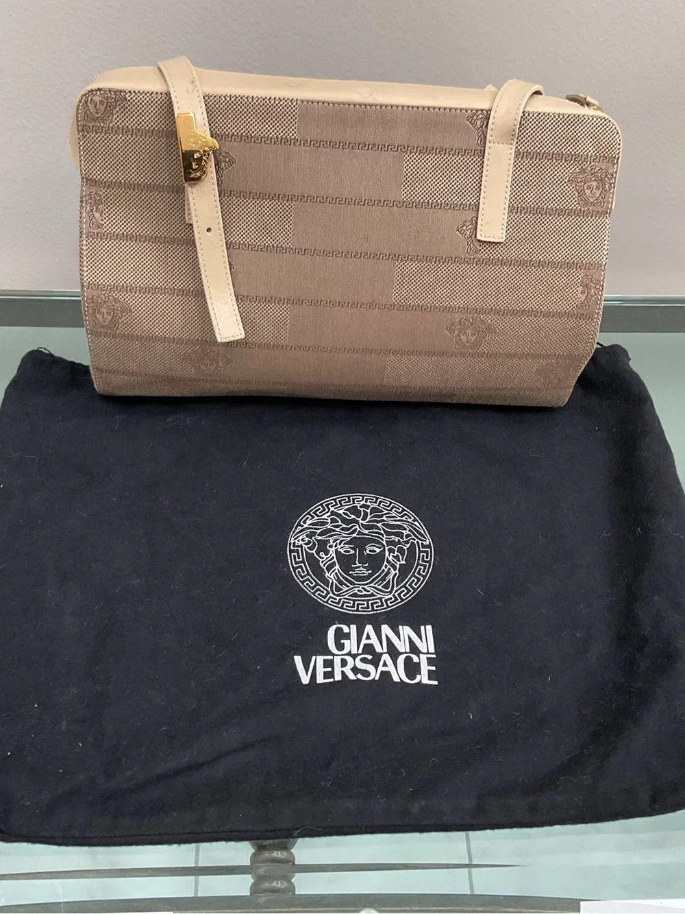 Versace Beige Canvas Messenger Bag with Leather Trim